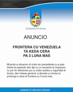 Aruba extiende por tres meses más el cierre de la frontera con Venezuela