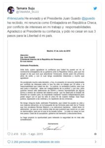 Comunicado| Tamara Suju renuncia como embajadora de Guaidó en República Checa