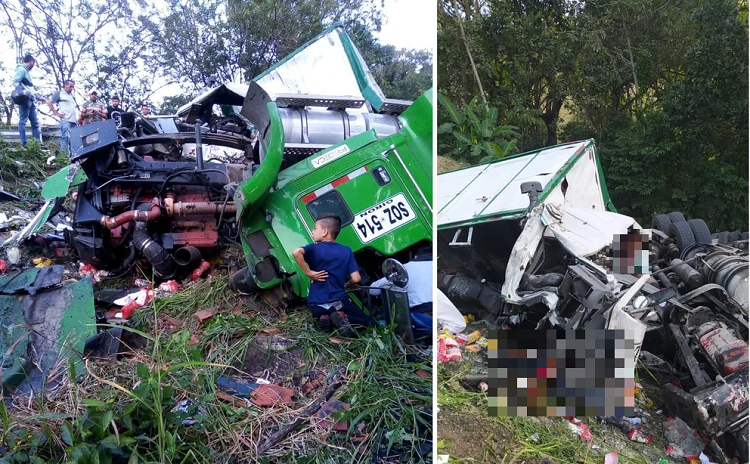 Dos muertos y un herido grave dejó el choque de una tractomula sin frenos y un camión en Colombia