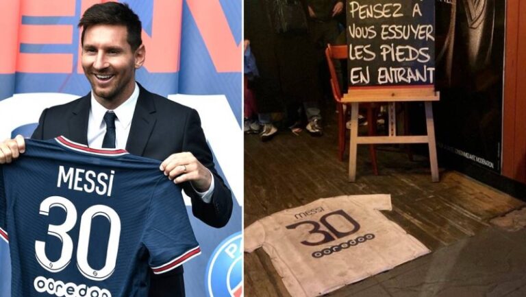 Usan una camiseta de Messi como alfombra en un bar de Francia 