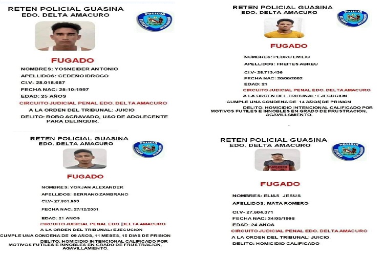 Policía de Delta Amacuro recaptura a los cinco fugados del retén de Guasina 