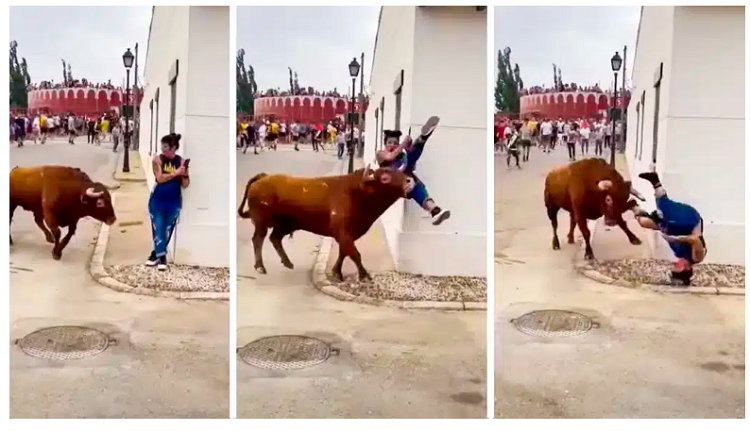 Una joven es corneada violentamente por un toro mientras grababa un encierro
