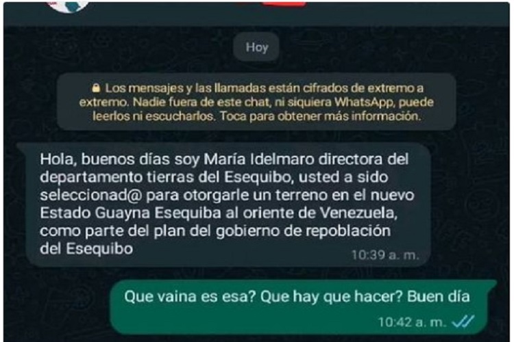 ¡Insólito pero cierto!: «Hola soy María» de WhatsApp ahora otorga terrenos en el «Esequibo venezolano»