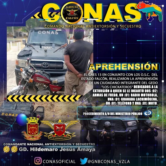 CONAS incauta armas y bomba lacrimógena a alias «Niño Tibe», presunto integrado del GEDO «Los Chickateros»